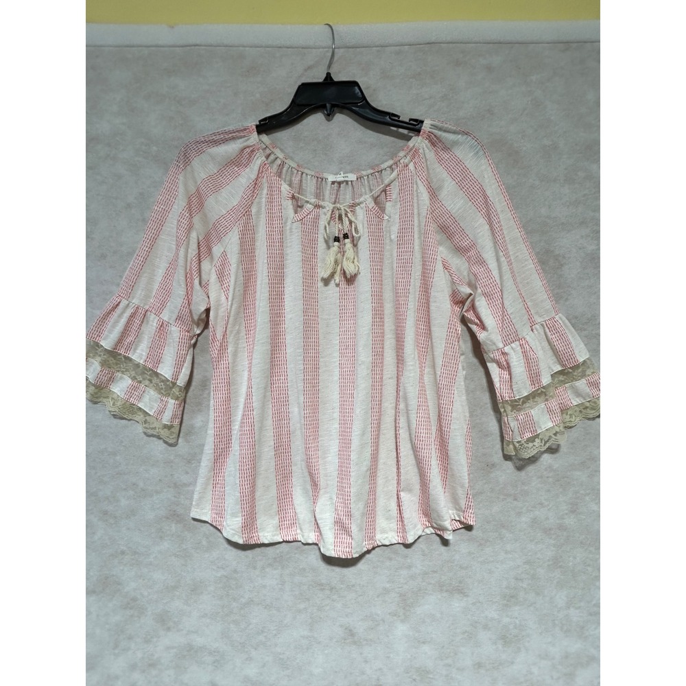 Maurices Womens XL Red Striped Linen Blend Lace Bell Sleeve Peasant Blouse Top